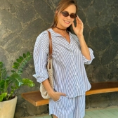 Pijama Flora Vivi - Listrado de Azul e Branco