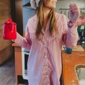 Chemise Manga Longa - Listrado Vermelho e Branco