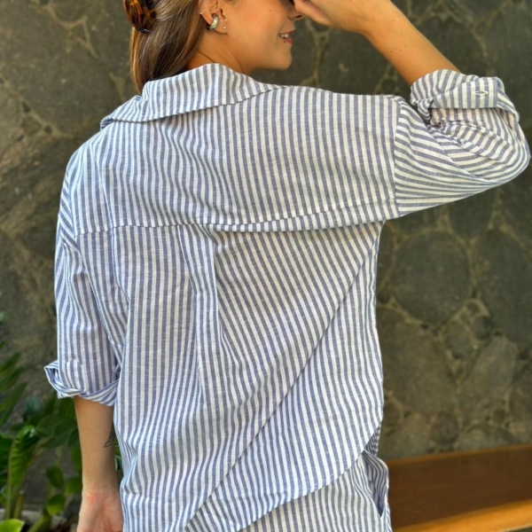 Pijama Flora Vivi - Listrado de Azul e Branco