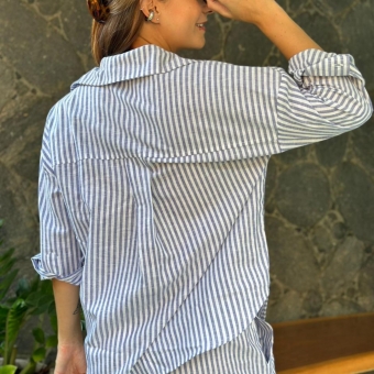 Pijama Flora Vivi - Listrado de Azul e Branco