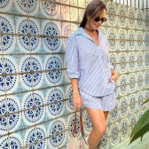 Pijama Flora Vivi - Listrado de Azul e Branco