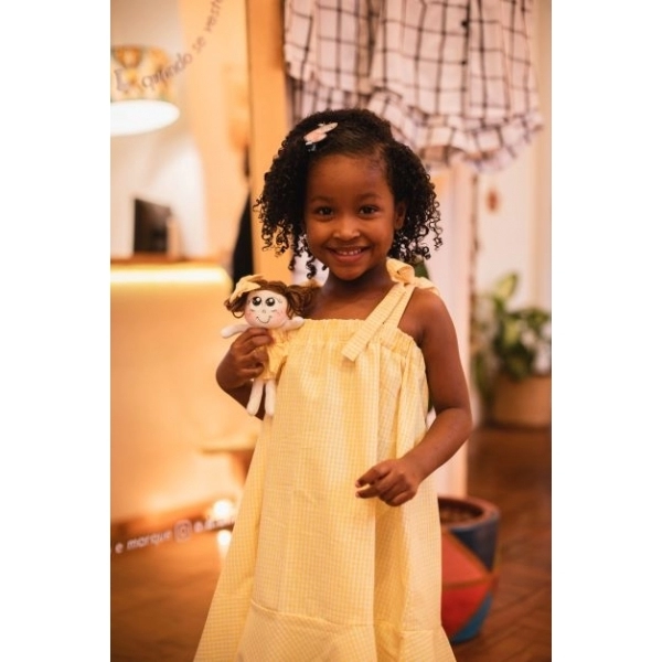 Vestido Infantil - Xadrez de Amarelo e Branco